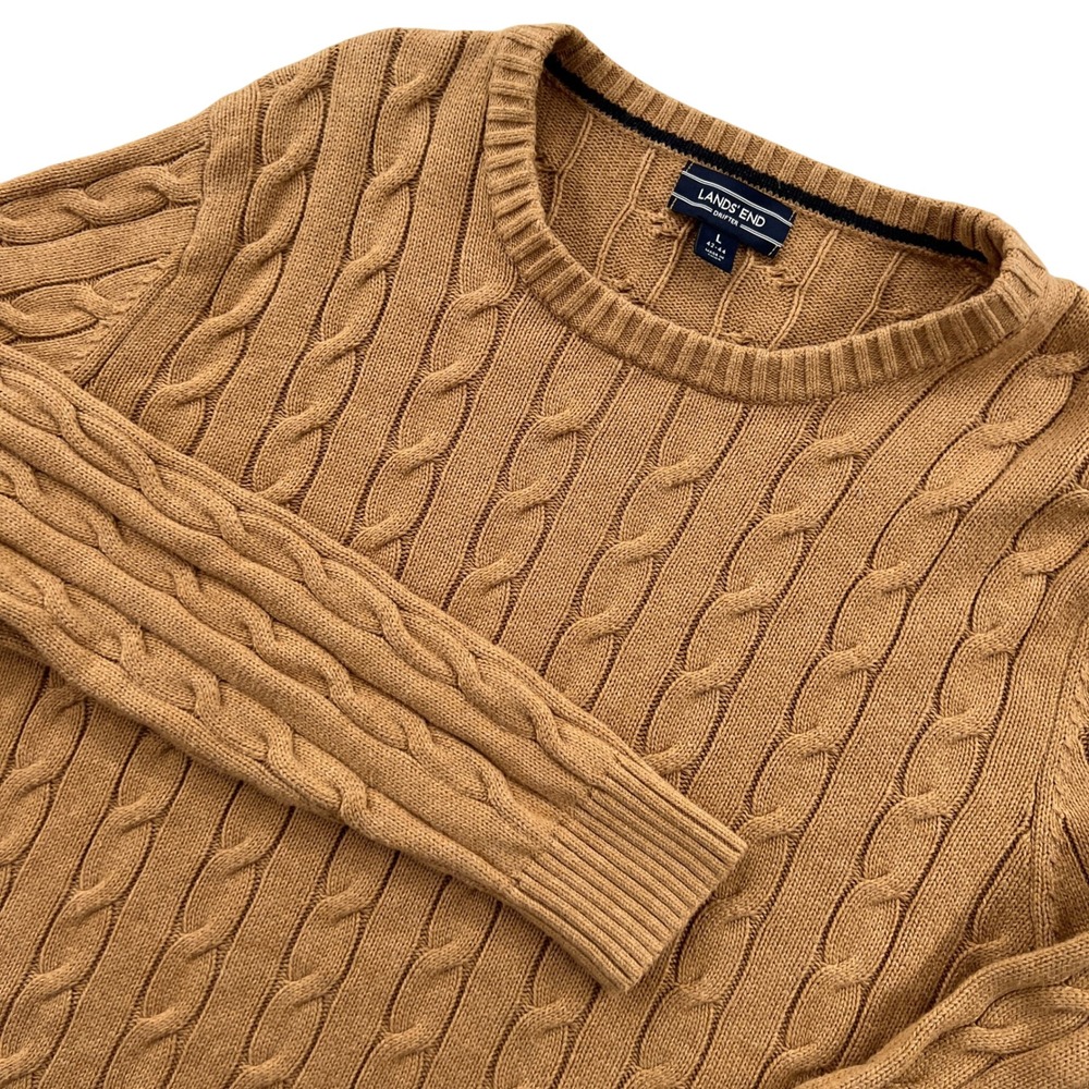 Lands End Drifter Fisherman Sweater Mens L Brown Cable Knit Cotton Crewneck Ivy